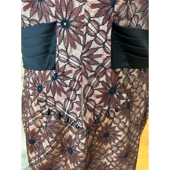 Vintage Brown Lace 50s 60s Black Band Sheath Dress - Picture 4 of 9